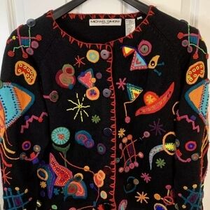 Michael Simon Black Cardigan with Whimsical Multicolor Design